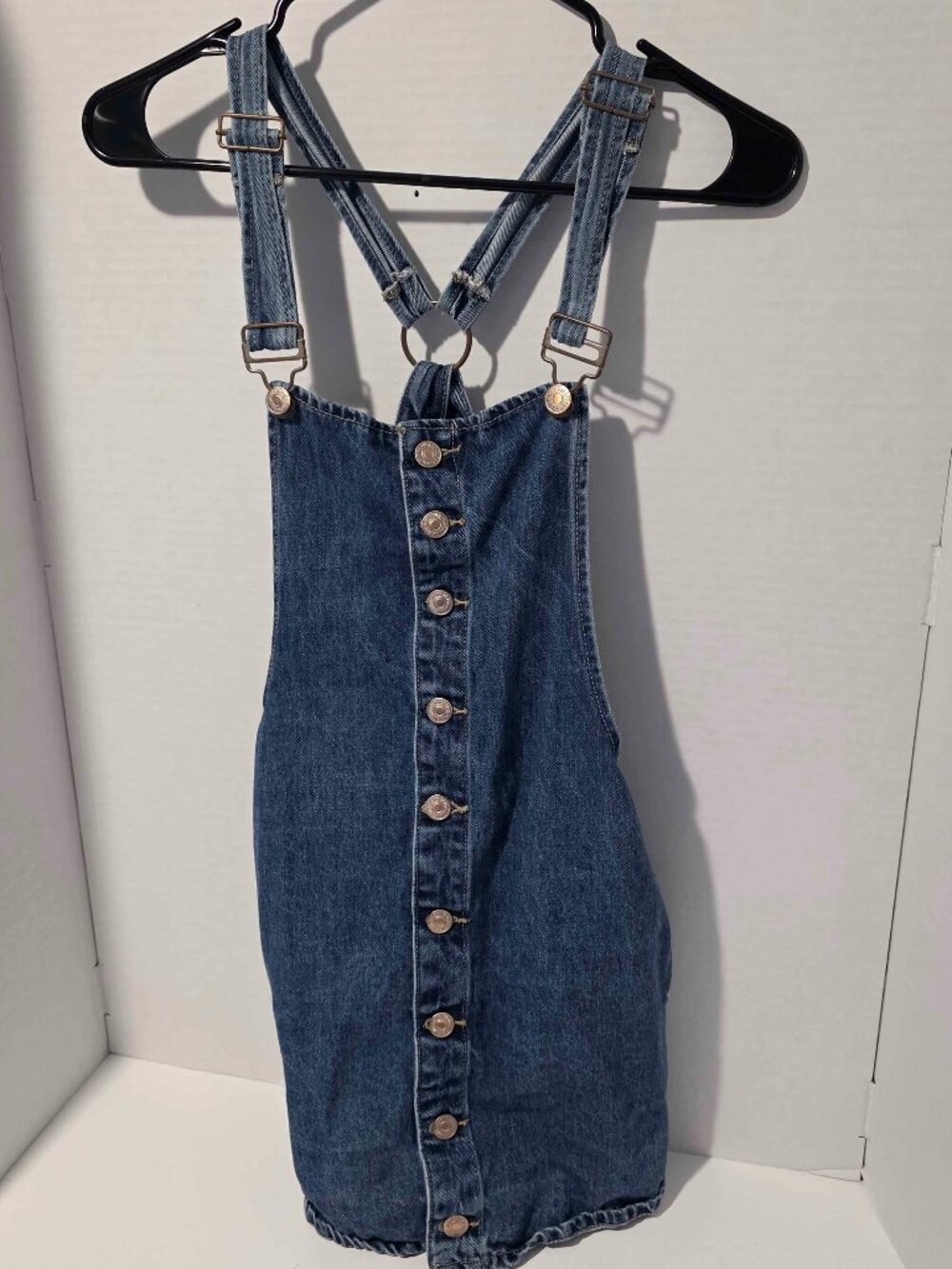 Forever 21 Denim Overall Jumper Dress Button Front O-Ring Straps Women's S